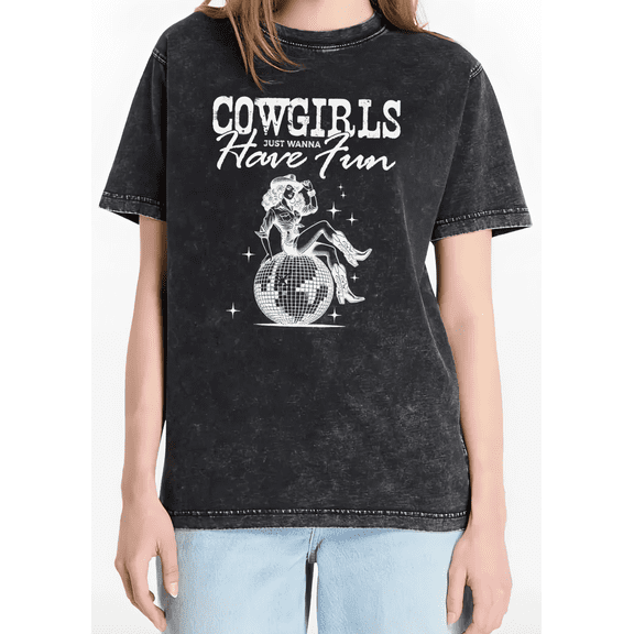 Women's Cowgirls Just Wanna Have Fun Disco Ball-Print Retro Graphic Breathable Washed T-Shirt Black S-2XL Plus Size