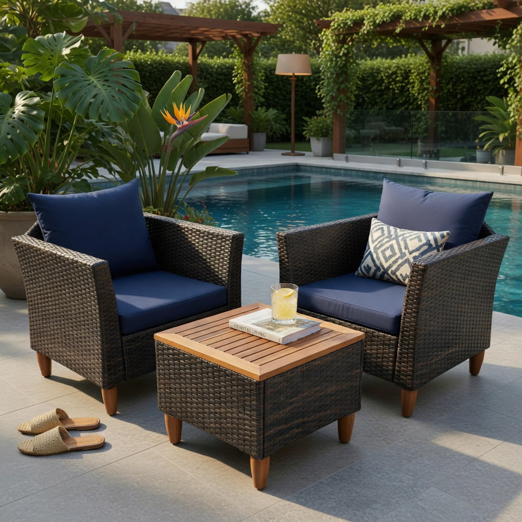 Hommoo 3-Piece Outdoor Rattan Bistro Set, Acacia Wood Table & Steel Frame Patio Furniture for Backyard, Poolside & Garden, Navy