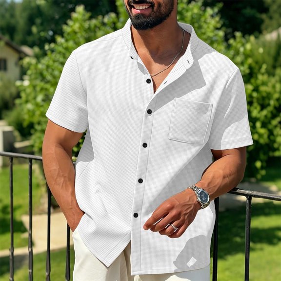 Mens Short Sleeve Shirts, Mens Waffle Button Down Shirt Short Sleeve Loose Fit Cuban Summer Beach Plain Tops