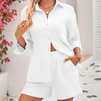 Tbopshirt Women's 2 Piece Outfits Fashion Women Solid Shorts Suit Casual Long Sleeve Turndown Collar Button Shirt Tops Wide Leg Pants