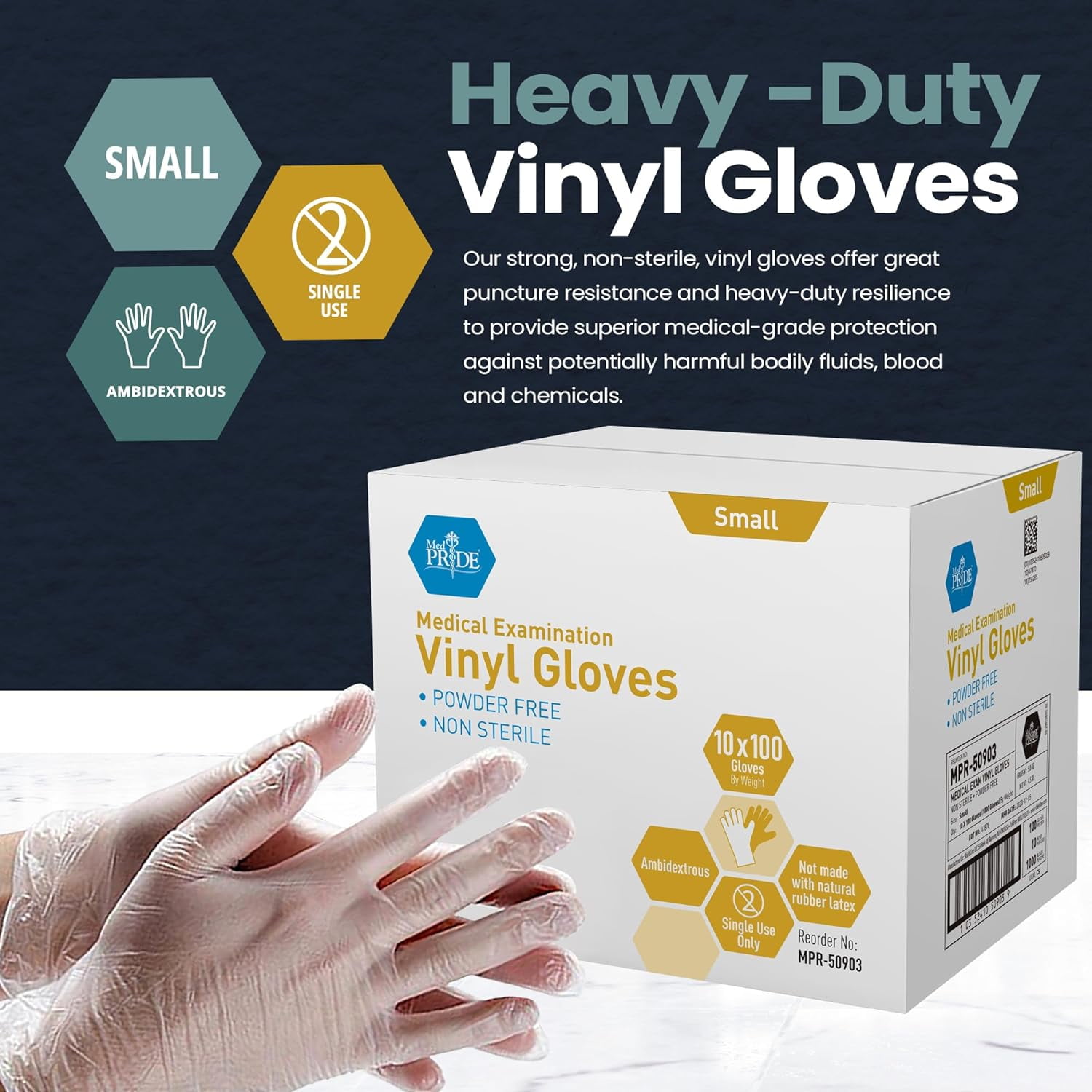 MEDPRIDE Medical Vinyl Examination Gloves - Small, 1000-Count – Latex & Rubber Free, Ultra-Strong, Clear Disposable Powder-Free Gloves