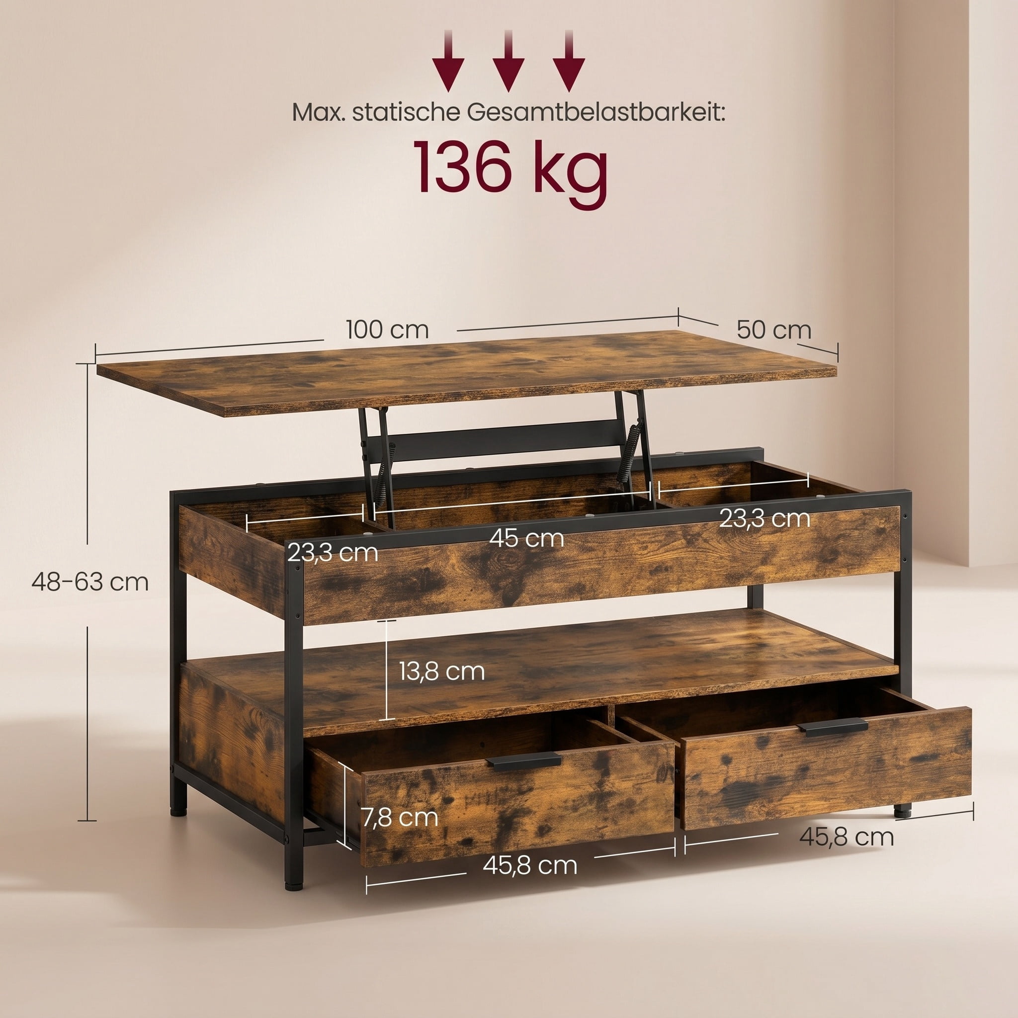 Nordic Hygge 40" Height-Adjustable Living Room Center Table with 2 Storage Drawers and Open Compartment, Vintage Brown Ink Black