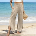 thumbnail image 5 of ZHYou No Boundarie Linen Pants for Women Flared Wide Leg Ruffle Summer Casual Lightweight Smocked High Waist Baggy Pull On Trousers Khaki Size XL, 5 of 5