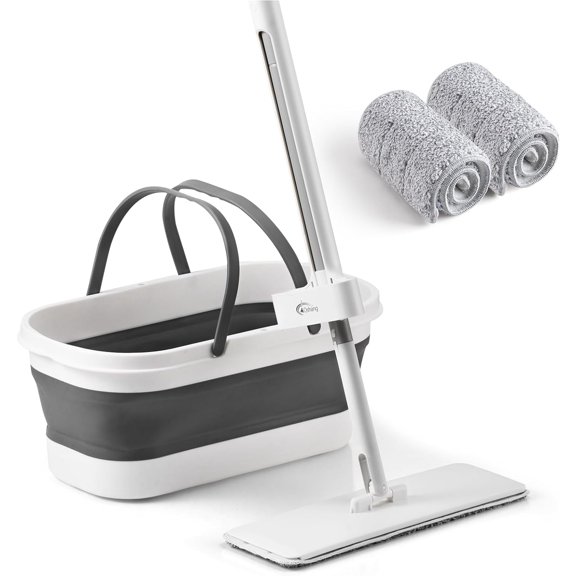 Flat Mop and Collapsible Bucket OG7 with Wheels, 2 Washable Reusable Microfiber Pads, Pure White