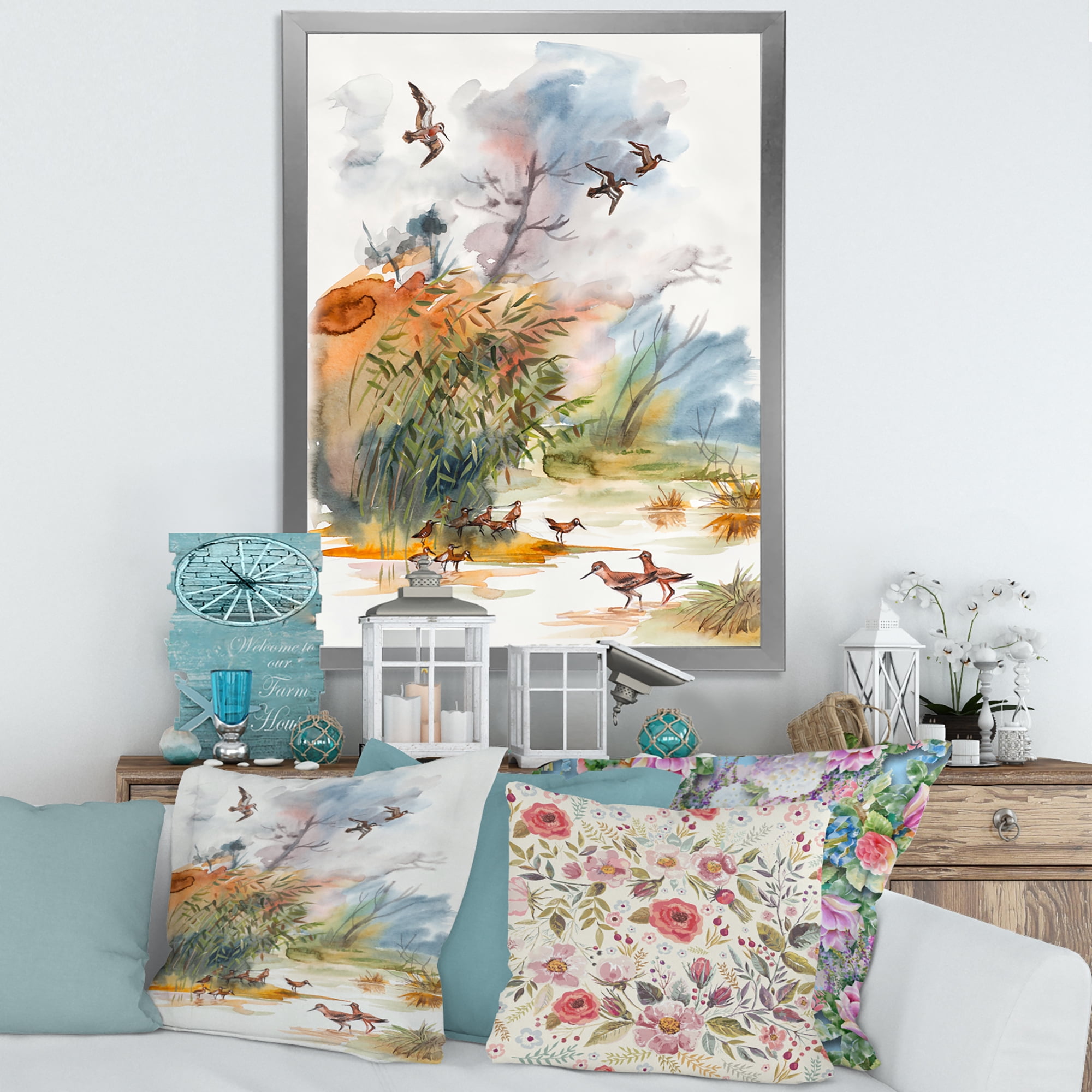 Designart 'Flying Over The Water With Autumn Landscape' Traditional Framed Art Print