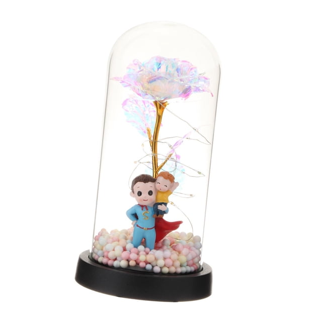 Flor preservada en cúpula de cristal, regalo de flores artificiales para mujeres y niñas, rosa Padre con base negra