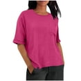 thumbnail image 2 of Ounisa Women's Roll Up Short Sleeve T Shirts Crew Neck Tops Loose Causal Tees with Pocket, 2 of 9