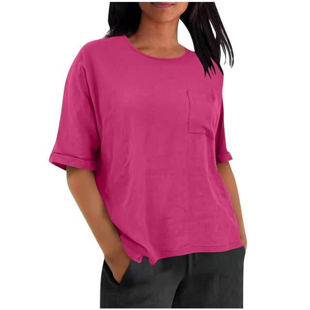 Pisexur Womens Tops Confortable Couleur Unie Coton Lin Womens Blouses Classique Décontracté Manches Courtes Col Rond Basique Tops Léger Ample Sortie Tops P-3TG Rose