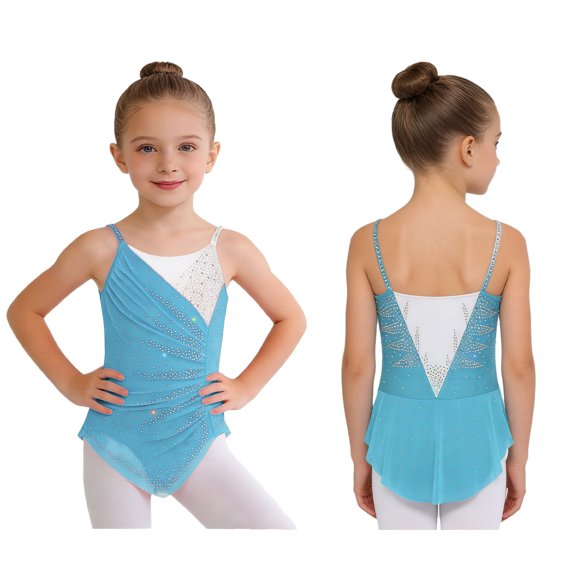 TiaoBug Rhythmic Gymnastics Leotard for Girls Sleeveless Rhinestones Color Block Dance Bodysuit for Performance Blue Green 12