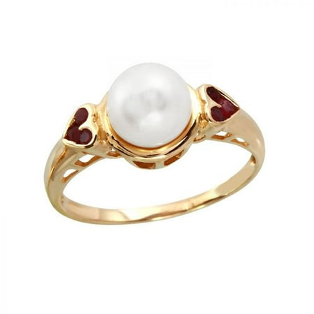 Ladies 0.2 Carat Freshwater Pearl And Ruby 14K Yellow Gold Ring
