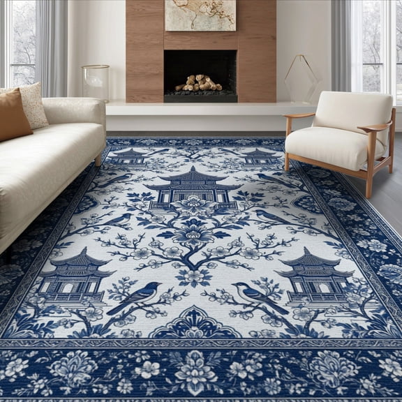 ODIKA 8'x10' Washable Area Rug Pagoda Bird Motifs Porcelain Scrolling Vine Chinoiserie Toile Refined Structured for Dining Room, Large Office, Lounge, Non-Slip Chair-Friendly Mat