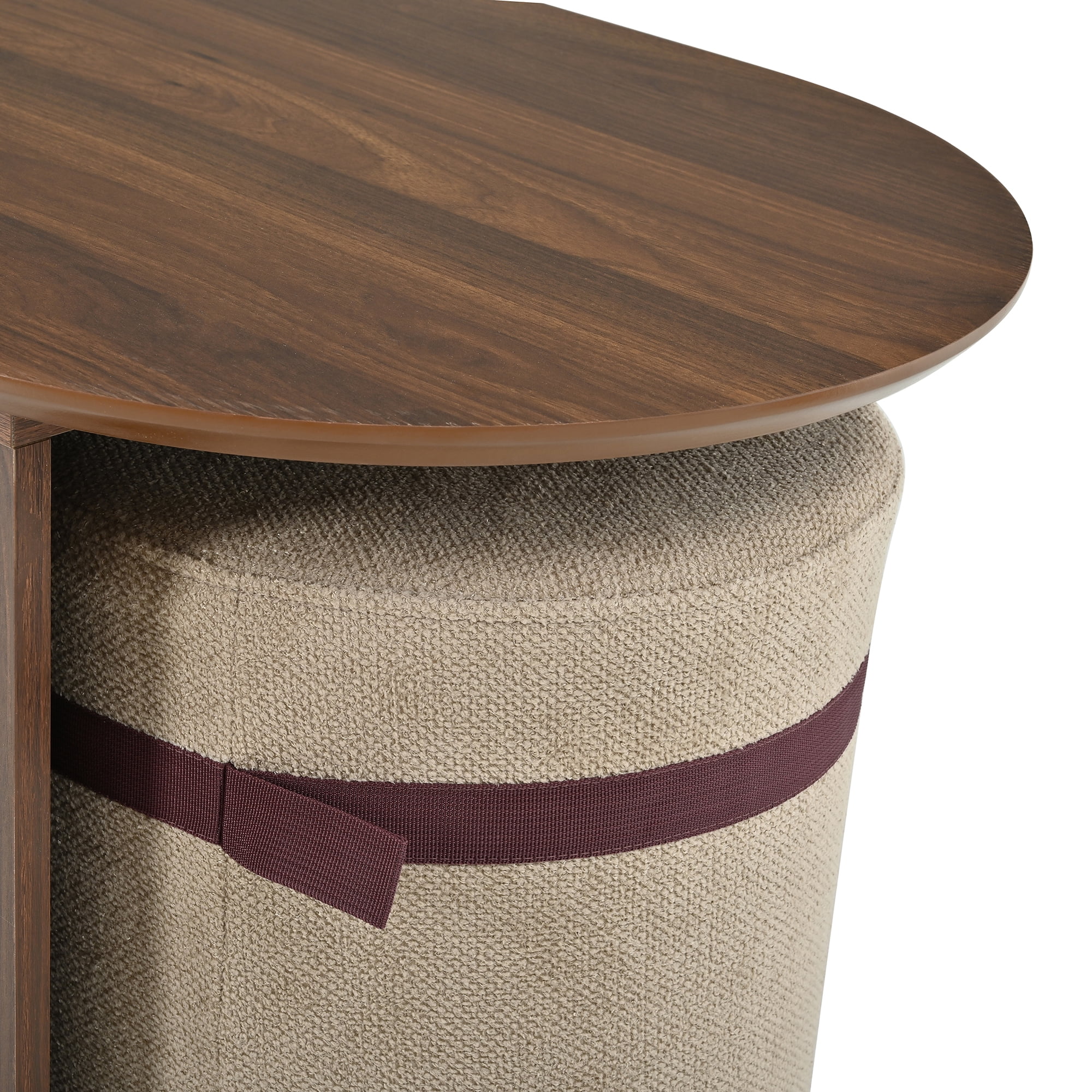Oval Coffee Table Set 42.71 Inch, Wooden Center Table with 2 Matching Fabric Poufs for Living Room Reading Corner, Brown
