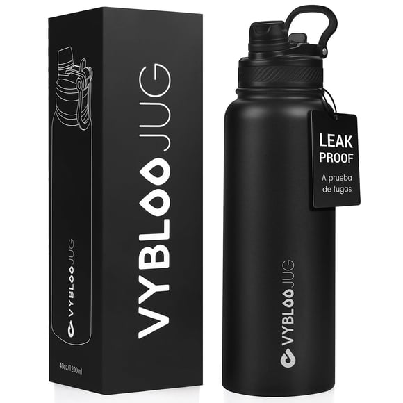 VYBLOOJUG Termos para Agua, Termo Acero Inoxidable con Dos Tipos de Picos, Botella de Agua deportiva con Popote y Tapa Antigoteo, con Asa para Fácil de llevar sin BPA (40 oz / 1200 ml, Obsi