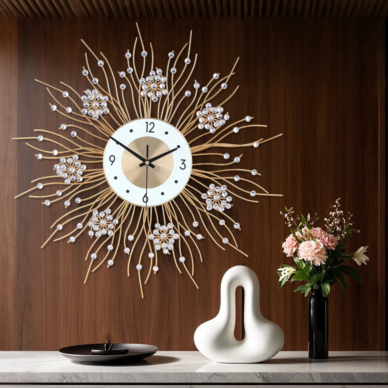 Luxury Sunburst Wall Clock with Crystal Accents - Christmas & New Year Modern Decor for Living Room, Bedroom, Office