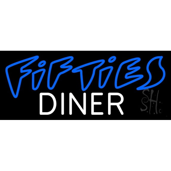 Blue 50s White Diner LED Neon Sign 13 x 32 - inches, Black Square Cut Acrylic Backing, with Dimmer - Bright and Premium built indoor LED Neon Sign for café, club, party, event and stroefront.