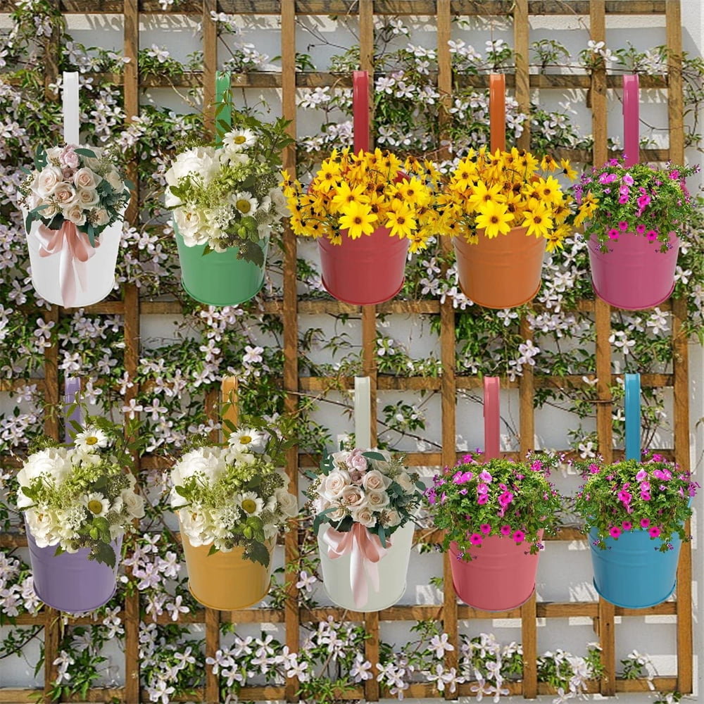 10Pack Round Railing Flower Bucket,Fence Planters Outdoor,Multicolor Hanging Plant Pots,Metal Succulent Container Box,for Balcony Patio Yard Garden (Random Color)