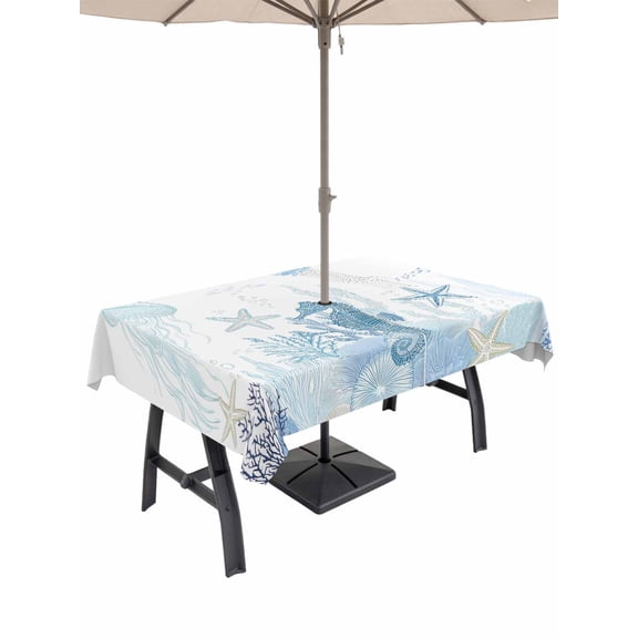 Outdoor Tablecloth with Umbrella Hole for Patio/Picnic/Party/Camping, Aqua Coastal Waterproof Table Cloth Rectangle Table Cover Washable, Summer Ocean Coral Jellyfish Seahorse Starfish (52"x 70")