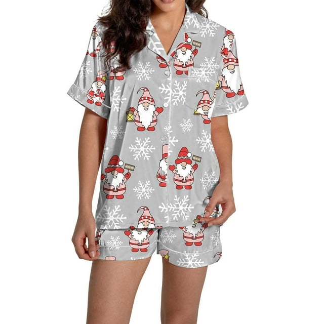 Pyjamas pour Femmes Imprimé Graphique Satin de Soie Mignon Vêtements de Nuit Boutons Manches Courtes Hauts Ensembles Shorts
