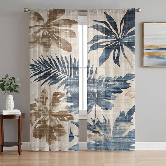 Navy Blue Brown Botanical Sheer Curtains 72 Inch Length 2 Panels Set, Tropical Palm Leaves Retro Voile Window Treatment Rod Pocket Curtains Sheers Drapes for Bedroom/Living Room/Kitchen 52"x72"x2