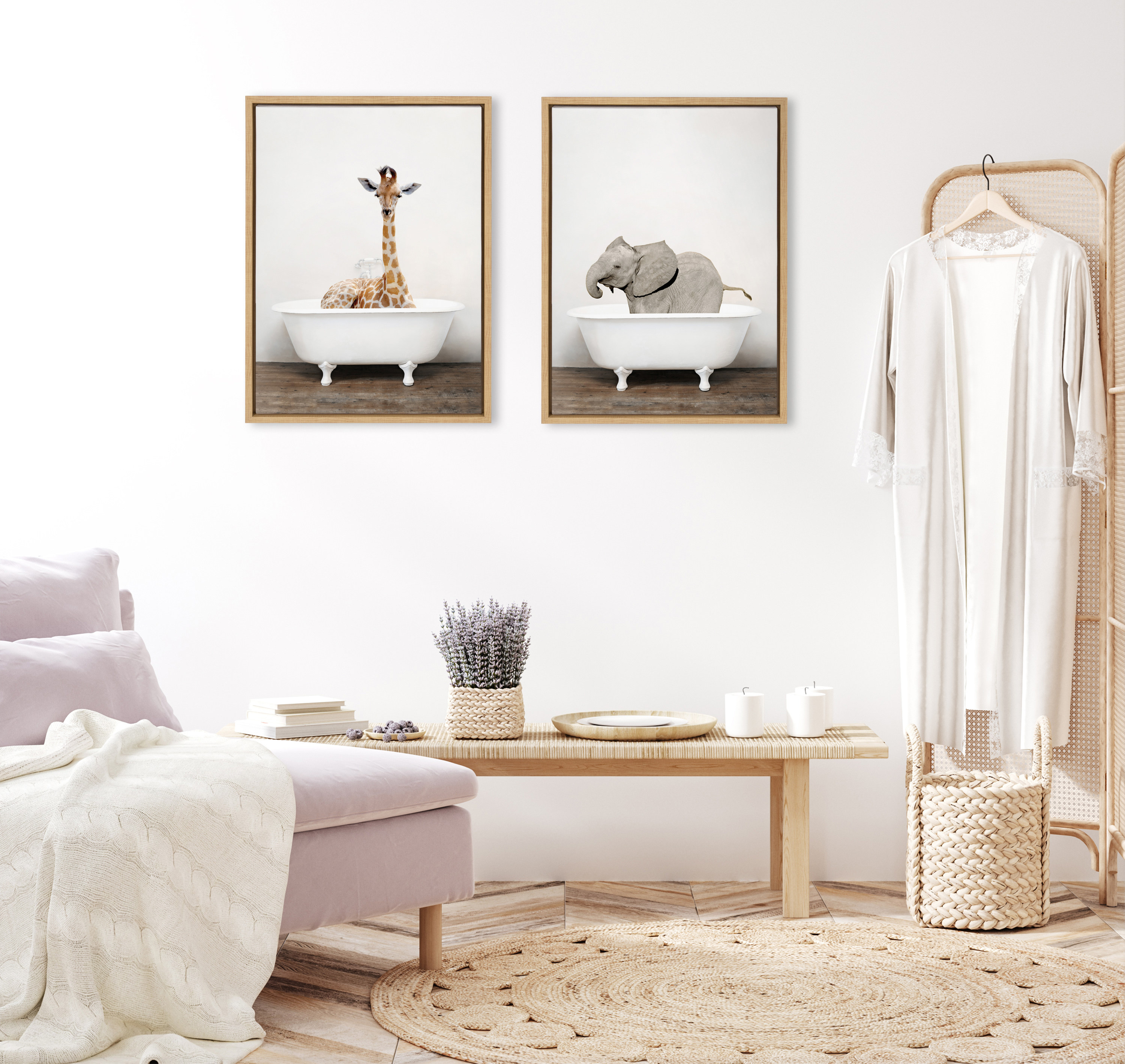 Kate and Laurel Sylvie Baby Elephant in the Tub Color Framed Canvas Wall Art by Amy Peterson Art Studio, 18x24 Natural, Modern Fun Decorative Bathtub Wall Art for Home Décor