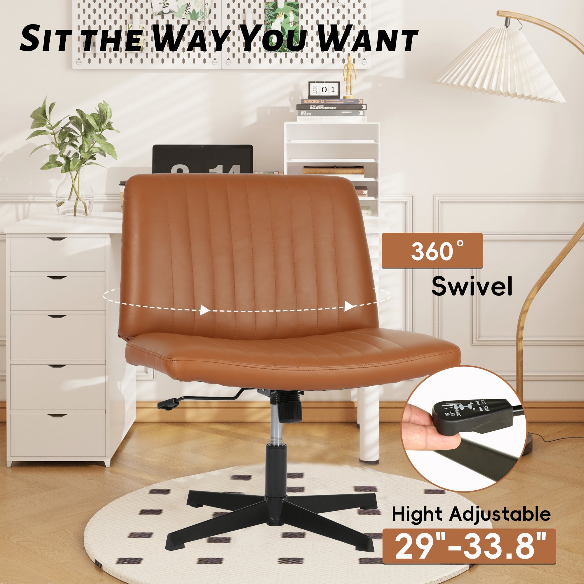 CL.HPAHKL Criss Cross Desk Chair, Height Adjustable Comfy Computer Task Chairs with Back No Wheels Armless Cross Legged Chair Modern Vanity Swivel Chair for Home Office Bedroom (1, Brown)