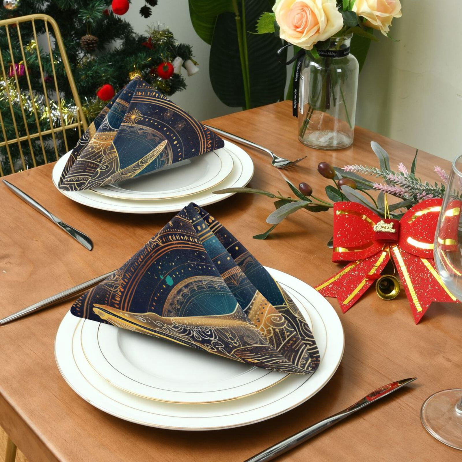 JSTEL Golden Whale Mandala Cloth Napkins Set of 6, 20x20 Inch Washable and Reusable Napkin for Decoupage Dinner Party Everyday Use