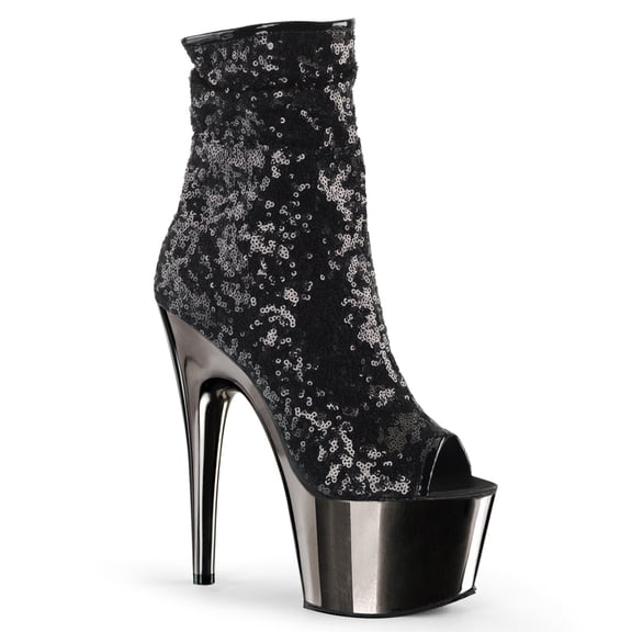7" Heel, 2 3/4" PF Peep Toe Sequins Ankle Boot, Side Zip - Blk Sequins/Dark Pewter Chrome, 5