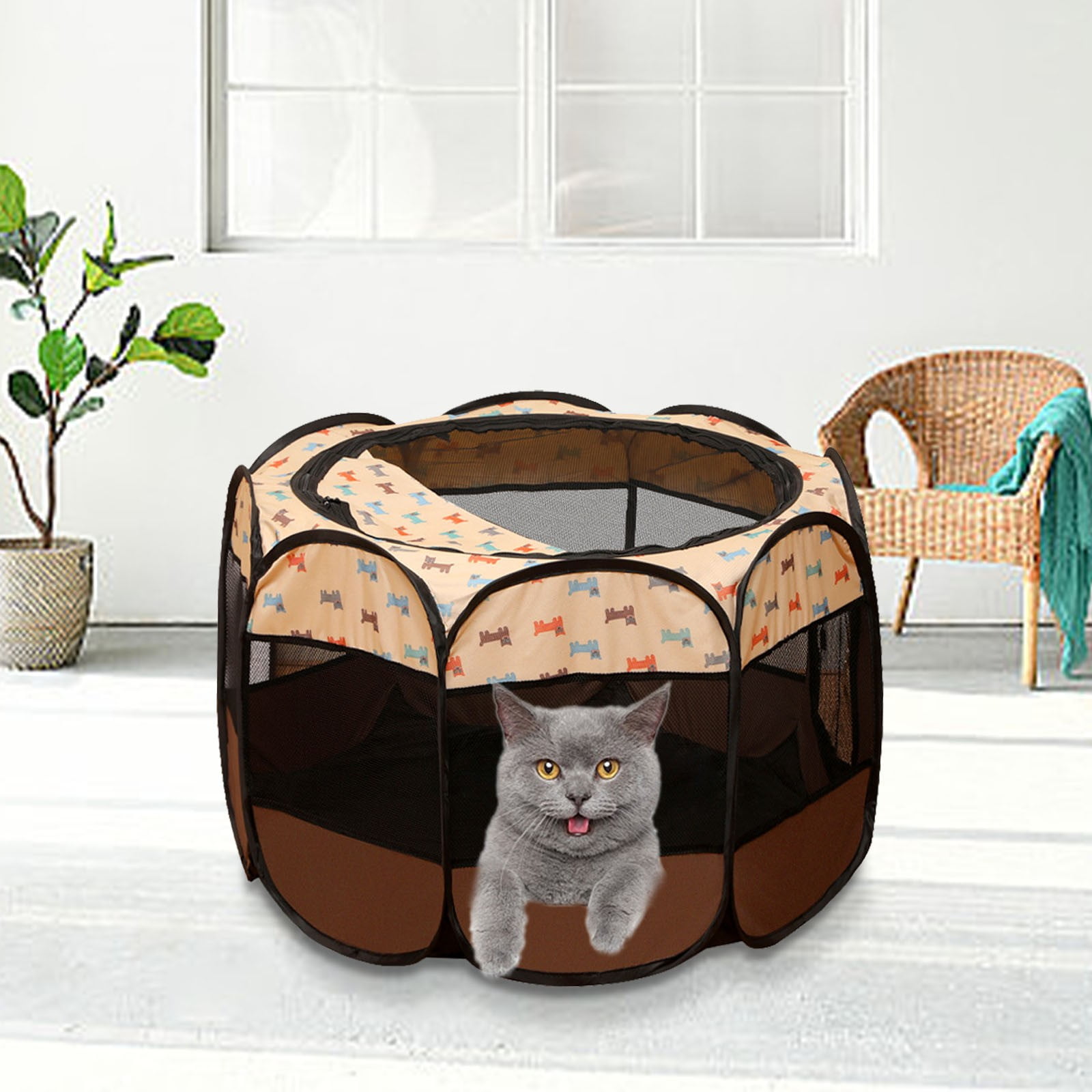 HHBEAUTY Portable Pet Cat Playpen for Indoor Cats Enclosed, Foldable Small Dog Puppy Playpen Crate Kennel Cage Outdoor with Top Roof, Pop Up Collapsible Kitten Play Pen Tent for Camping RV