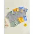 thumbnail image 3 of BemeyourBBs Toddler Baby Boys Mama's Little Dude Outfit Summer Clothes Short Sleeve Lapel Letter Embroidery Striped Button Shirt Tops and Pockets Shorts Set, 3 of 9