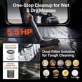 thumbnail image 5 of Commercial Shop Vac, 11 Gallon Wet Dry Shop Vacuum, 5.5 Peak HP Portable with One-Button Self-Cleaning, 1350W Input, 1.25in x 7ft Hose, 20ft Cord, Industrial-Grade for Jobsite, Workshop, 5 of 5