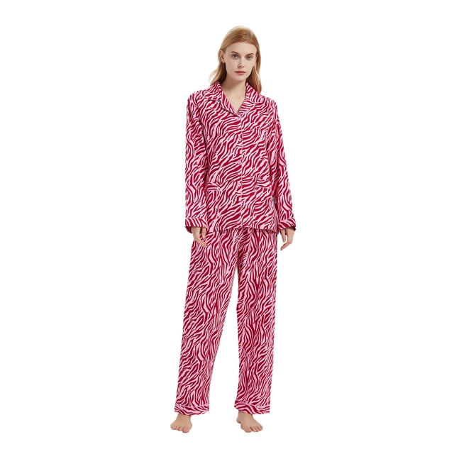 GLOBAL Conjunto de Pijama de Franela para Mujer, Pijama 100% Algodón para Mujer, Ropa de Estar por Casa, Manga Larga, Botón, Cordón en la Cintura, Ropa de Dormir Cálida, Raya de Cebra Rosa M
