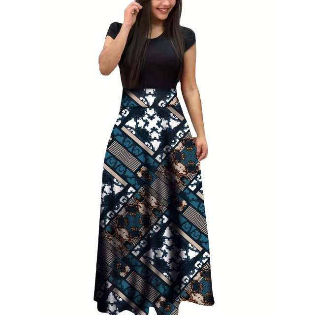Robe à Manches Courtes à Imprimé Floral style Européen et Américain 2024 pour Femmes Grande Jupe Évasée
