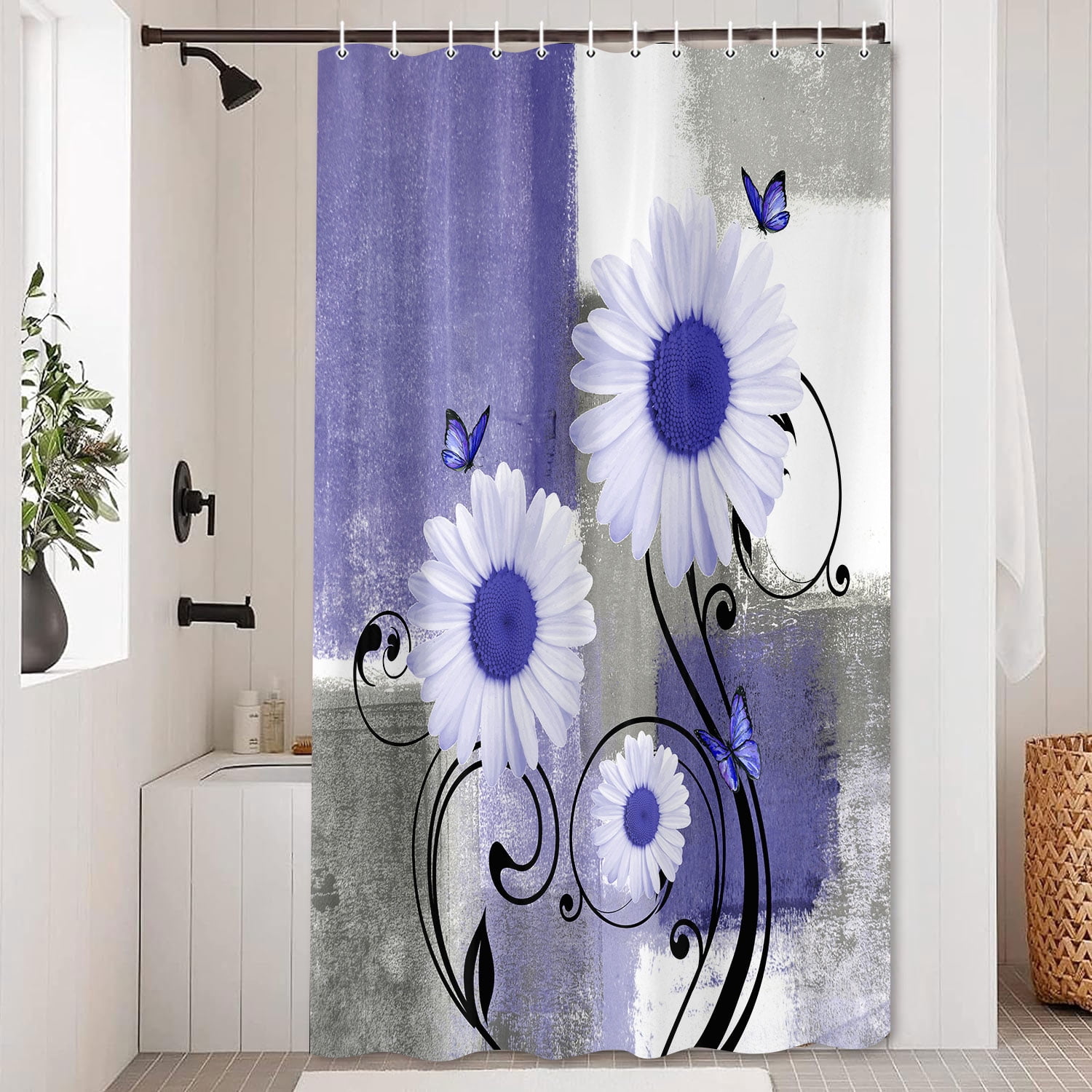Purple Floral Shower Curtains for Bathroom,Aesthetic Brush Oil Painting Fabric Decor Bath Curtain,Daisy on Purple Gray White Abstract Modern Bakcground Fabric Shower Curtains,69X84in