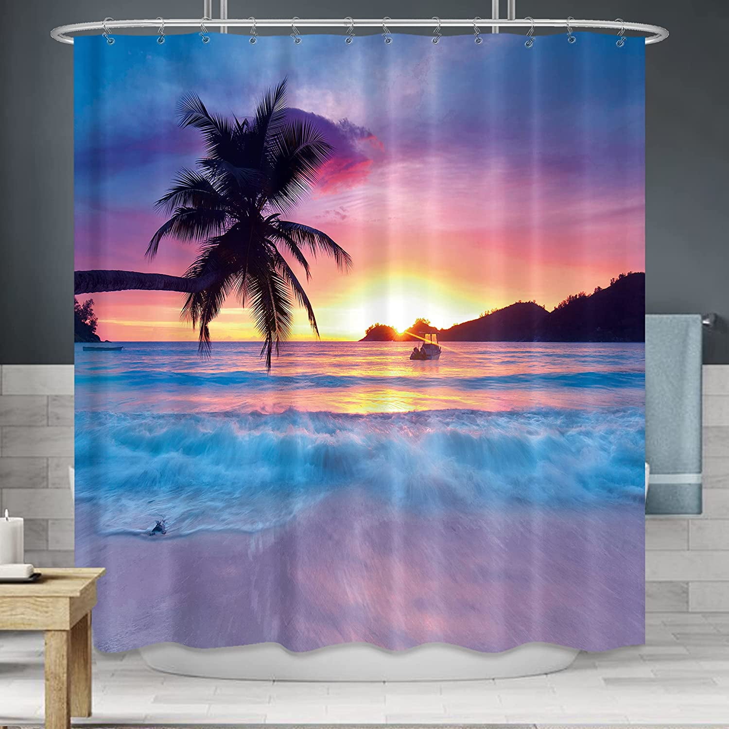 Beach Shower Curtain Ocean Sunrise Tropical Palm Tree Hawaiian Sunset Costal Scenery Sea Waves Summer Bathroom Home Decor Set Waterproof Polyester 72WX72H Inch 12 Pack Plastic Hooks WW-IHTB
