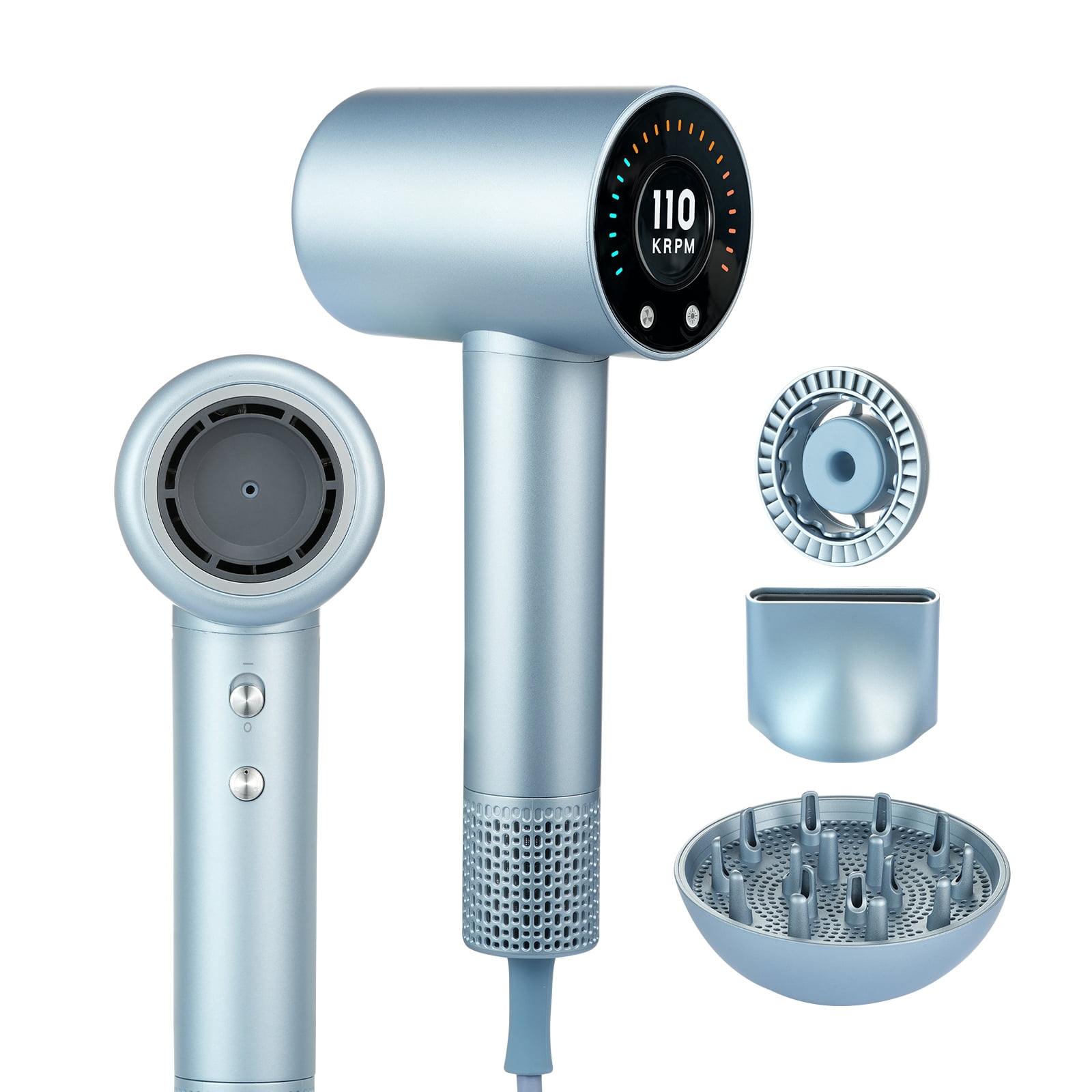KFFKFF Fast Hair Dryer featuring a 105,000RPM Brushless Motor, generates 200 Million Negative Ions, offers 4 Temperature Settings & 3 Speeds, includes an LCD Display for Heat Monitoring