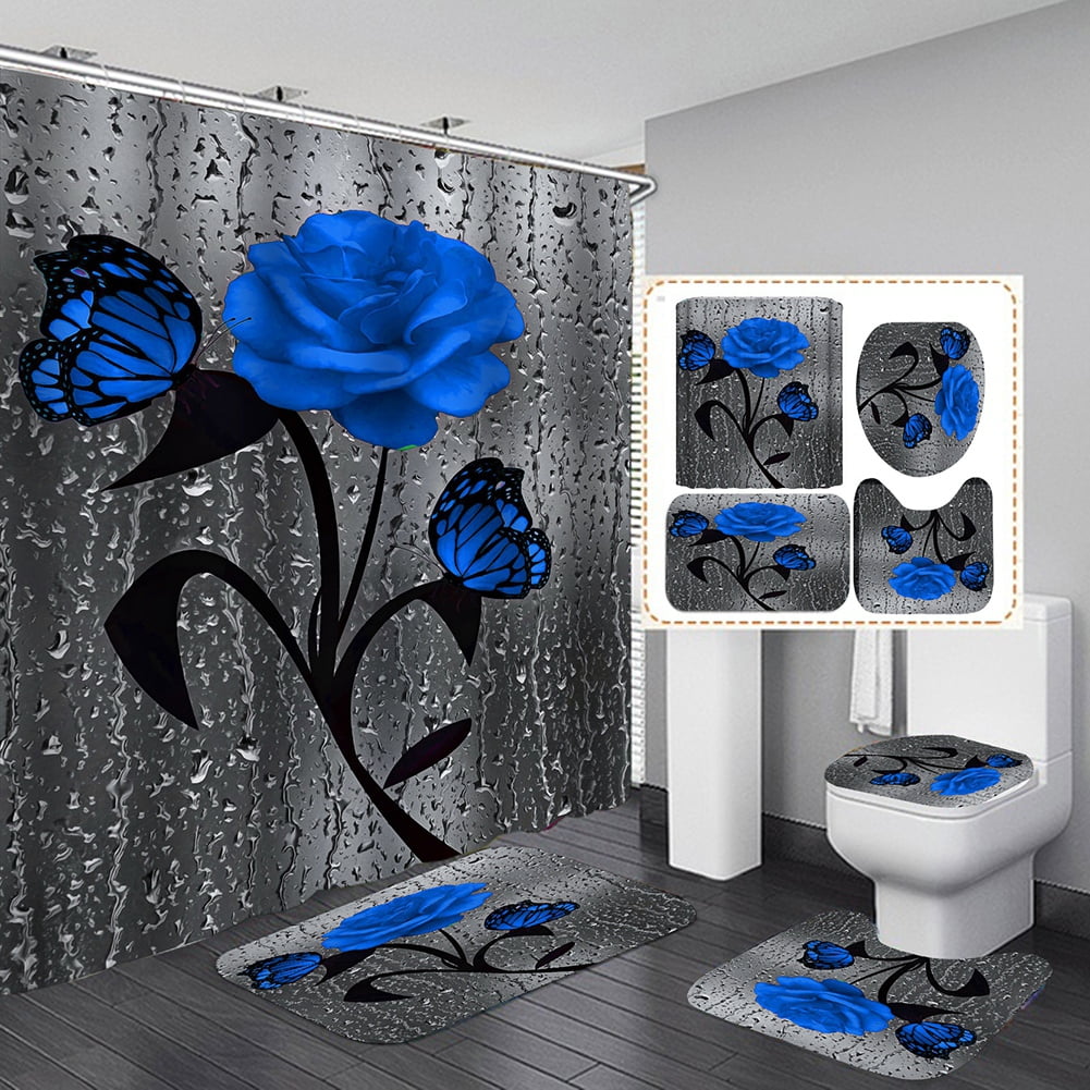 3D Blue Rose Shower Curtain Bathroom Rug Set Bath Mat Anti-Slip Toilet Lid Cover 