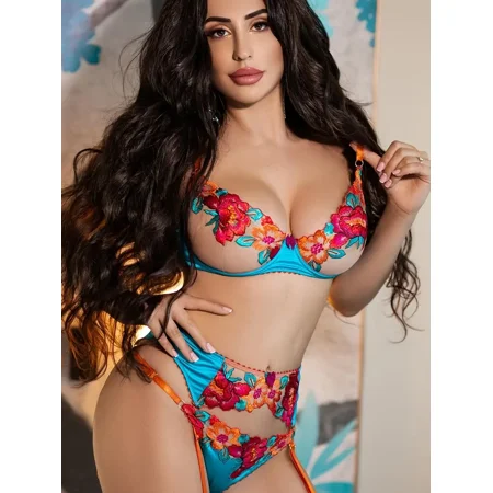 

Floral Lace Matching Lingerie Set Semi-Sheer Embroidered Sexy Bra And Panty Set