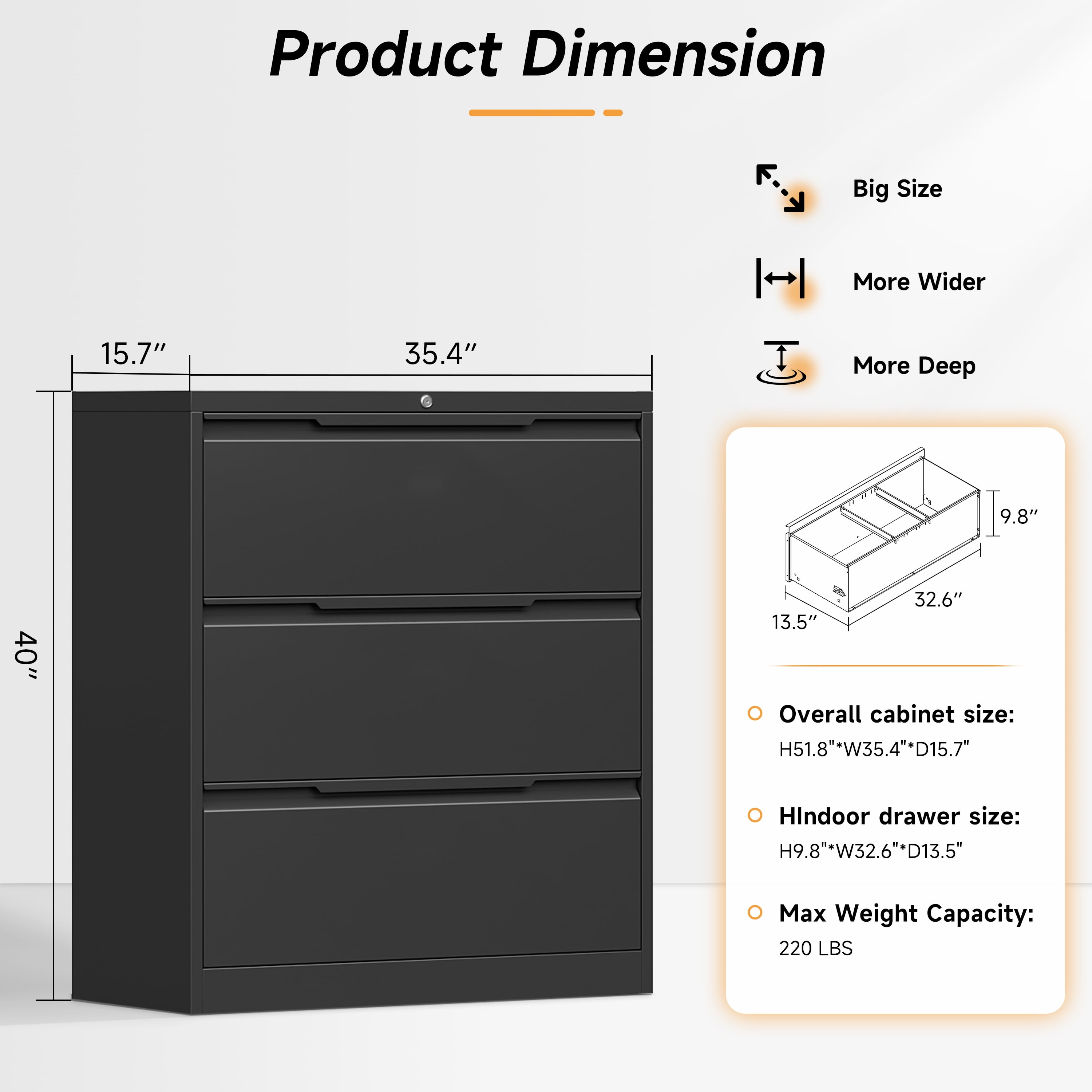 Lateral File Cabinet with Lock, 3 Drawer Lateral Filing Cabinet for Office Home, Locking Metal Steel Wide File Cabinet for Hanging Files Letter/Legal/F4/A4 Size, Easy Assemble Black