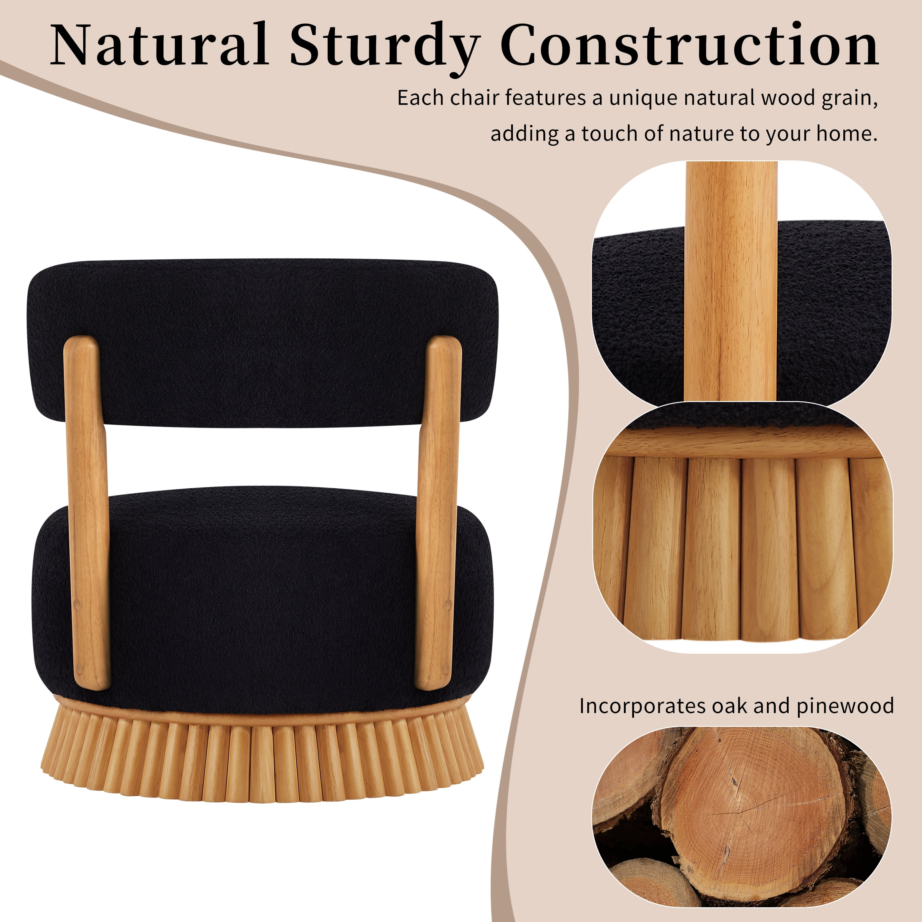 Euroco Farmhouse Armless Chair, Cozy Upholstered Armless Lounge Chair with Thatched Roof Rod Design and Wood Frame,Fabric Comfy Reading Chair for Bedroom,Living Room,Black