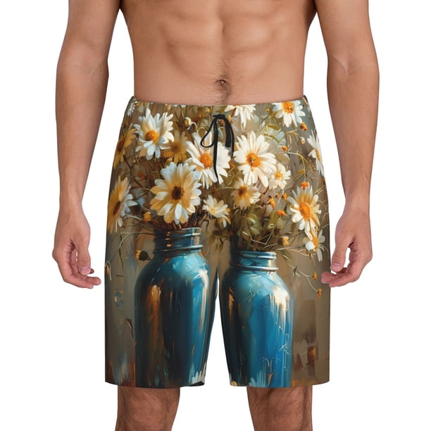 Balery Rustic Daisy Mason Jars Pantalones cortos de pijama de punto de algodón para hombre con cinturilla y bolsillos-4X-Large