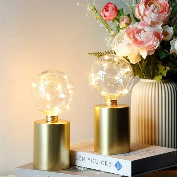 Set of 2 Gold Table Lamp Battery Powered 8''Tall Cordless Lamp Light Battery Operated Great for Living Room Bedroom Weddings Parties Indoors Outdoors