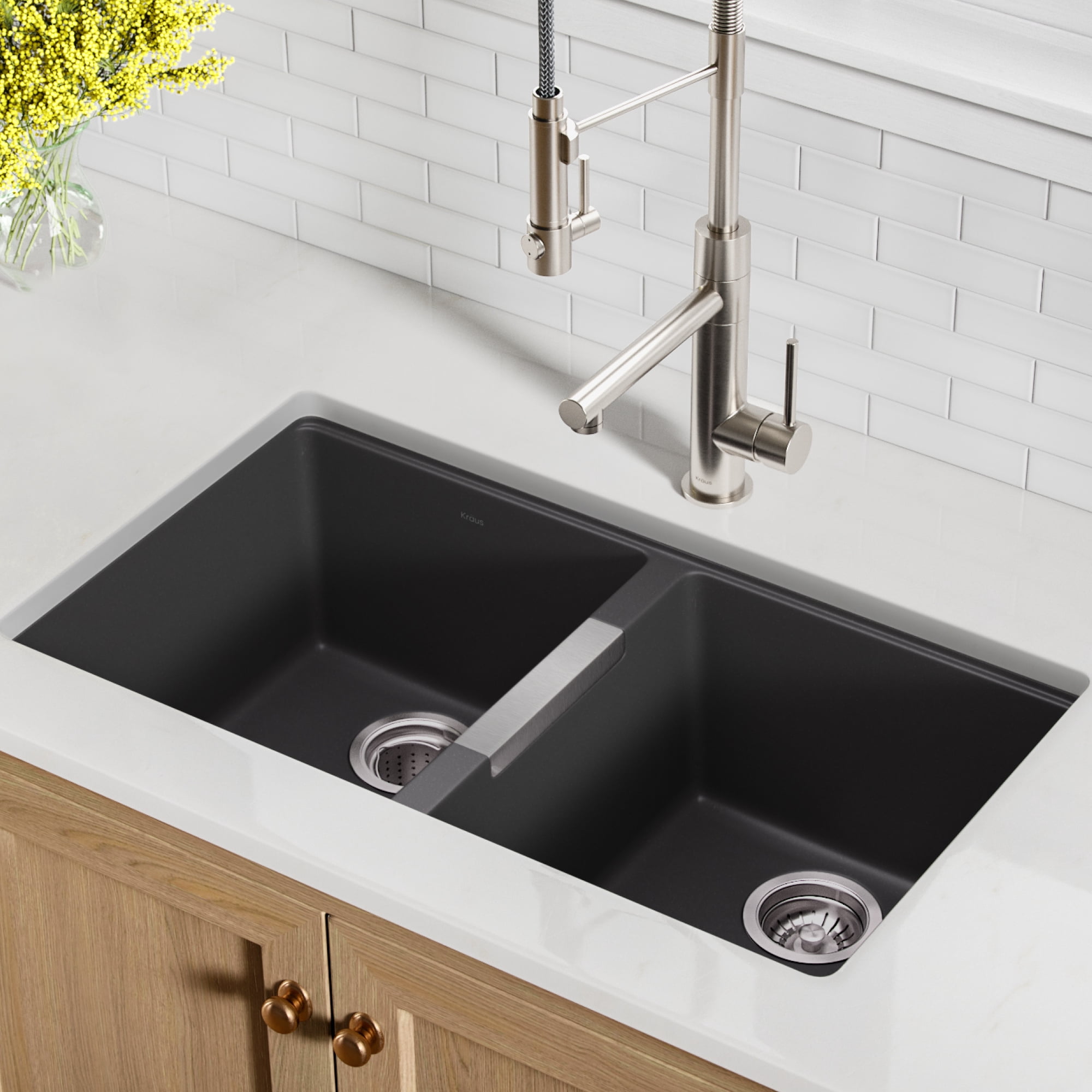Kraus 33 Inch Undermount 50/50 Double Bowl Black Onyx Granite Kitchen Sink