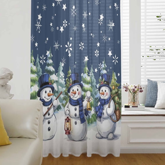 Navy Blue White Snowman Christmas Semi Sheer Curtains Drapes for Living Room,Bedroom,French Doors Window 96 Inches Long,Xmas Tree Snowflake Winter Rod Pocket Chiffon Curtain Voile Drapery Panel