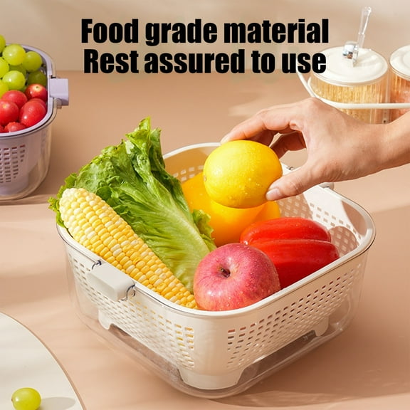 Double Layer Drains Basket with Lid | Kitchen Colander for Washing Fruits & Vegetables | Portable Food Storage Container | White Plastic