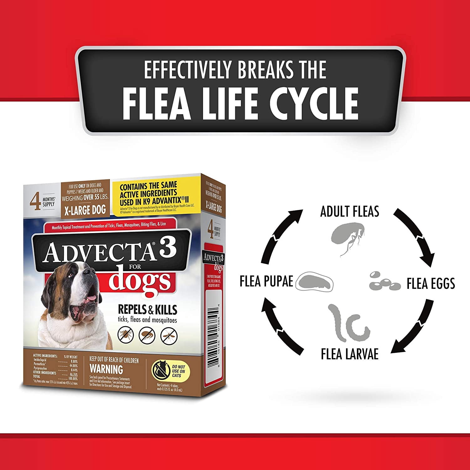 Advecta 3 Tick, Flea, and Mosquito Repellent and Treatment for Extra Large Dogs, 4 Monthly Doses