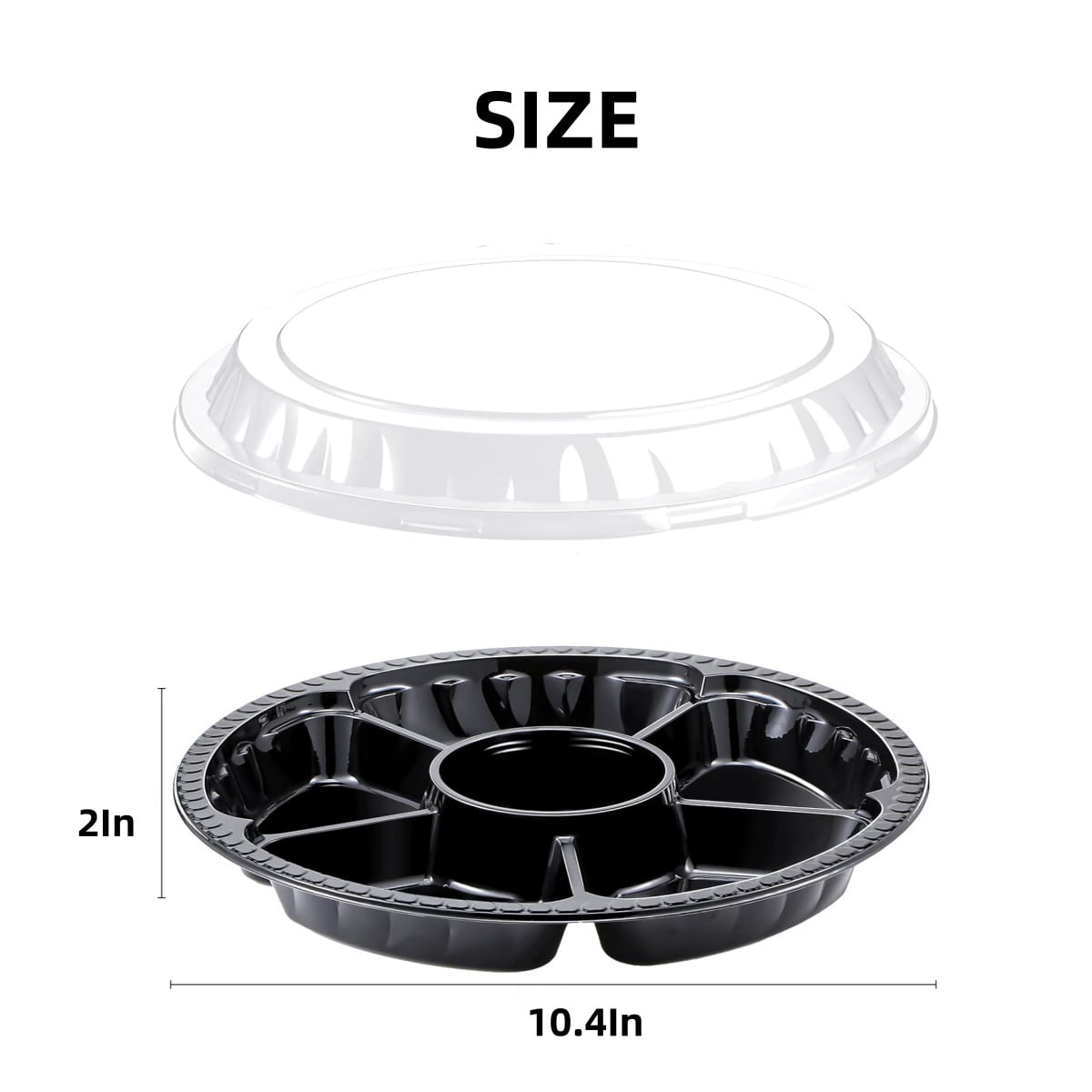 10pcs Stackable Round Serving Party Tray,6 Divided Compartment Fruit Tray,QZS Plastic Round Catering Container,Takeout Picnic Supplies for Salad,10.4x10.4x2In