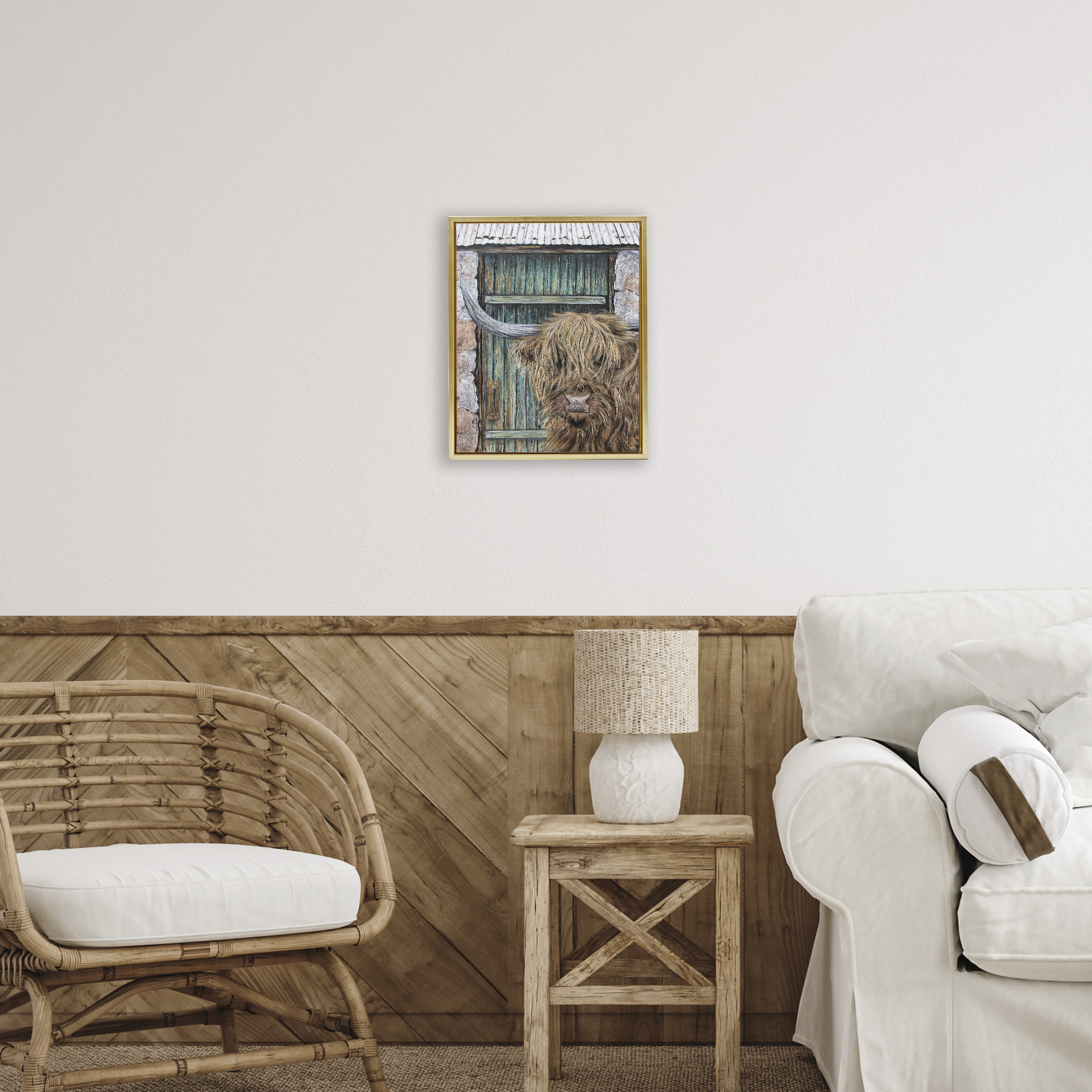 Highland Cow by Barn Door Gold Framed Floater Canvas Wall Art, design by Jean Plout