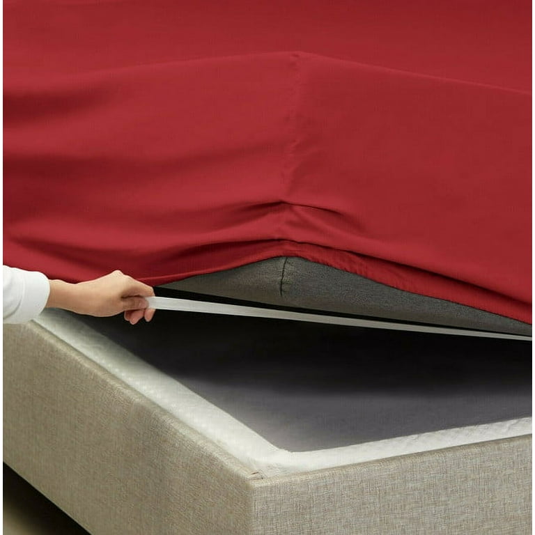 Extra Deep Pocket Fitted Sheet Elastic Corner Straps Fitted Sheets 18 -  21 Twin XL Size Burgundy Red Color 