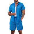 thumbnail image 2 of hotojiny Men's 2 Piece Set Summer Beach Outfits Breathable Hollow out Mesh Button down Shirts Shorts Set Casual Tracksuit(Blue,X-Large), 2 of 7