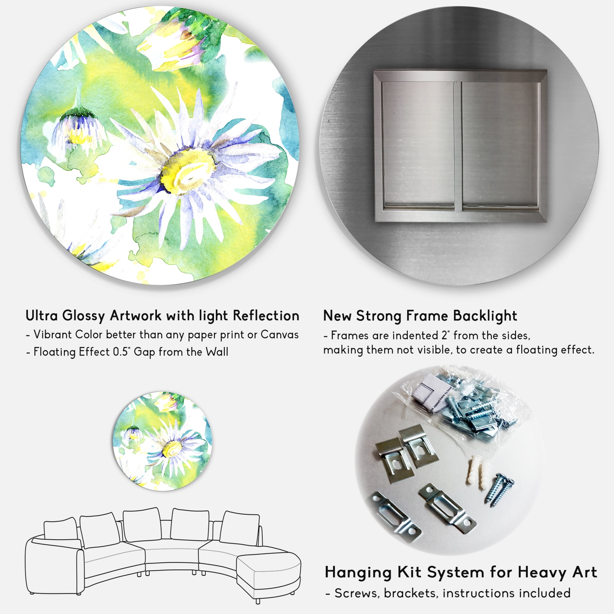 Designart 'Aquarelle Impression of Daisy Flowers II' Traditional Circle Metal Wall Art 36x36 - Disc of 36